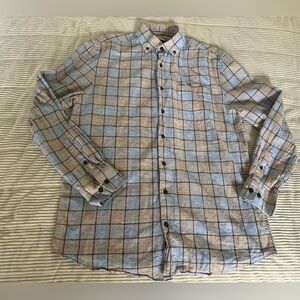 Johnnie-O Button Down Blue Tan Shirt Men’s Medium Casual Office Western Pocket